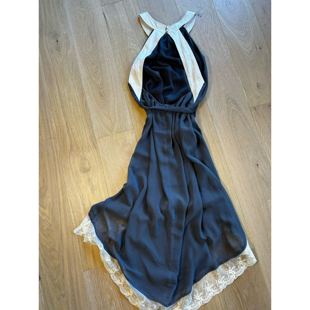 Ark & Co. Smoky Blue High Low Lace Trim Halter Dress Tie Waist Romantic - Picture 4 of 12